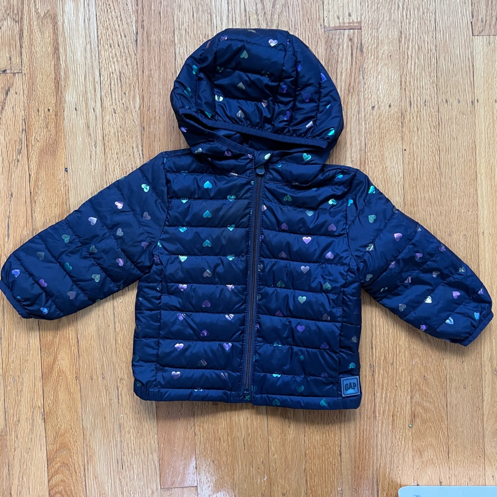 NWOT GAP Kids Iridescent Heart Print Puffer Jacket - Navy